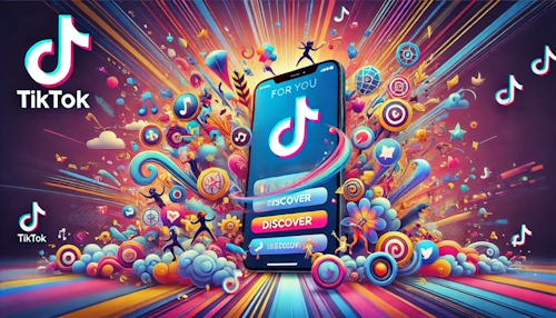 TikTok trends illustration showing a smartphone with trending hashtags, sounds, and icons like music notes and dancing figures, highlighting creativity and fast-paced changes.